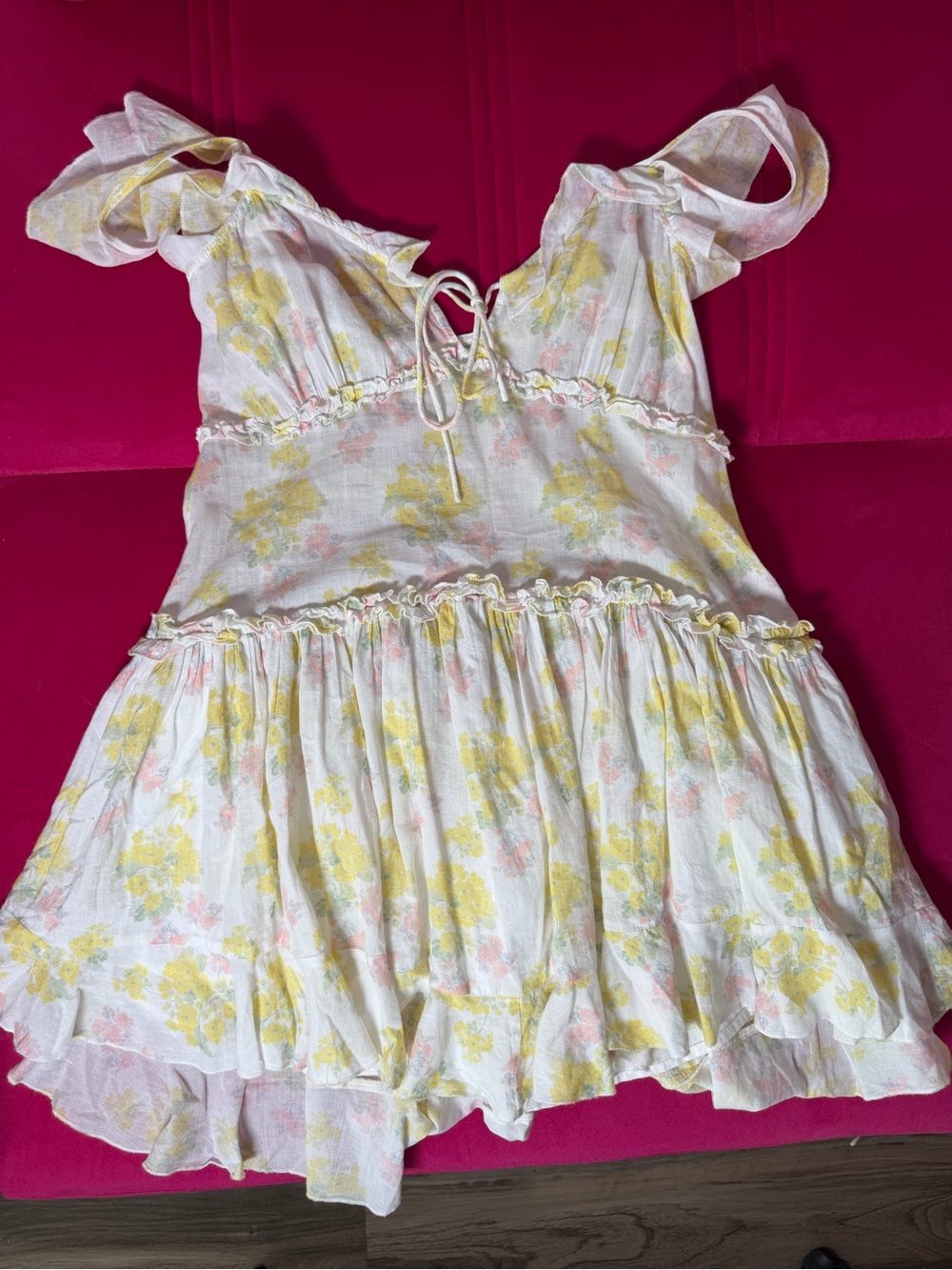 LoveShackFancy White Floral Ruffle Tie-Front Mini Dress - Picture 3 of 5
